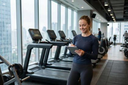 Femme sportive avec tablette dans salle de gym moderne