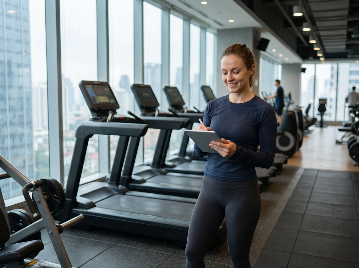 Femme sportive avec tablette dans salle de gym moderne