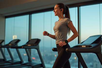 Femme sportive marchant sur un tapis de course moderne