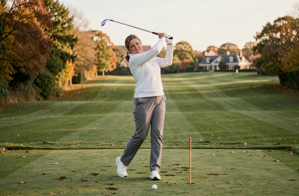 Femme en plein swing sur un tee de départ d'un parcours de golf en Île-de-France, démonstration de technique avec fairway en arrière-plan