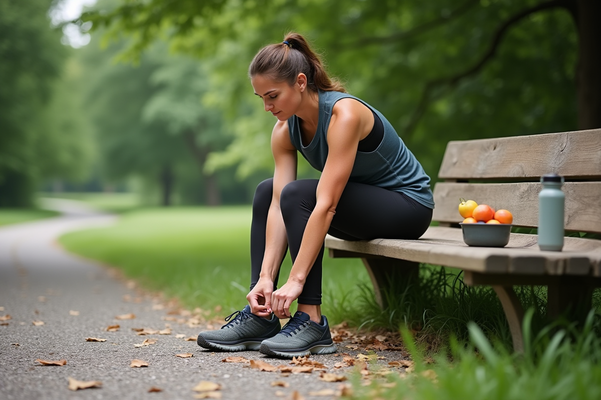 Femme en tenue de trail préparant ses chaussures dans un parc
