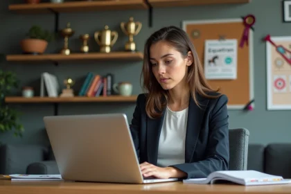 Femme au bureau avec trophées equestres et ordinateur