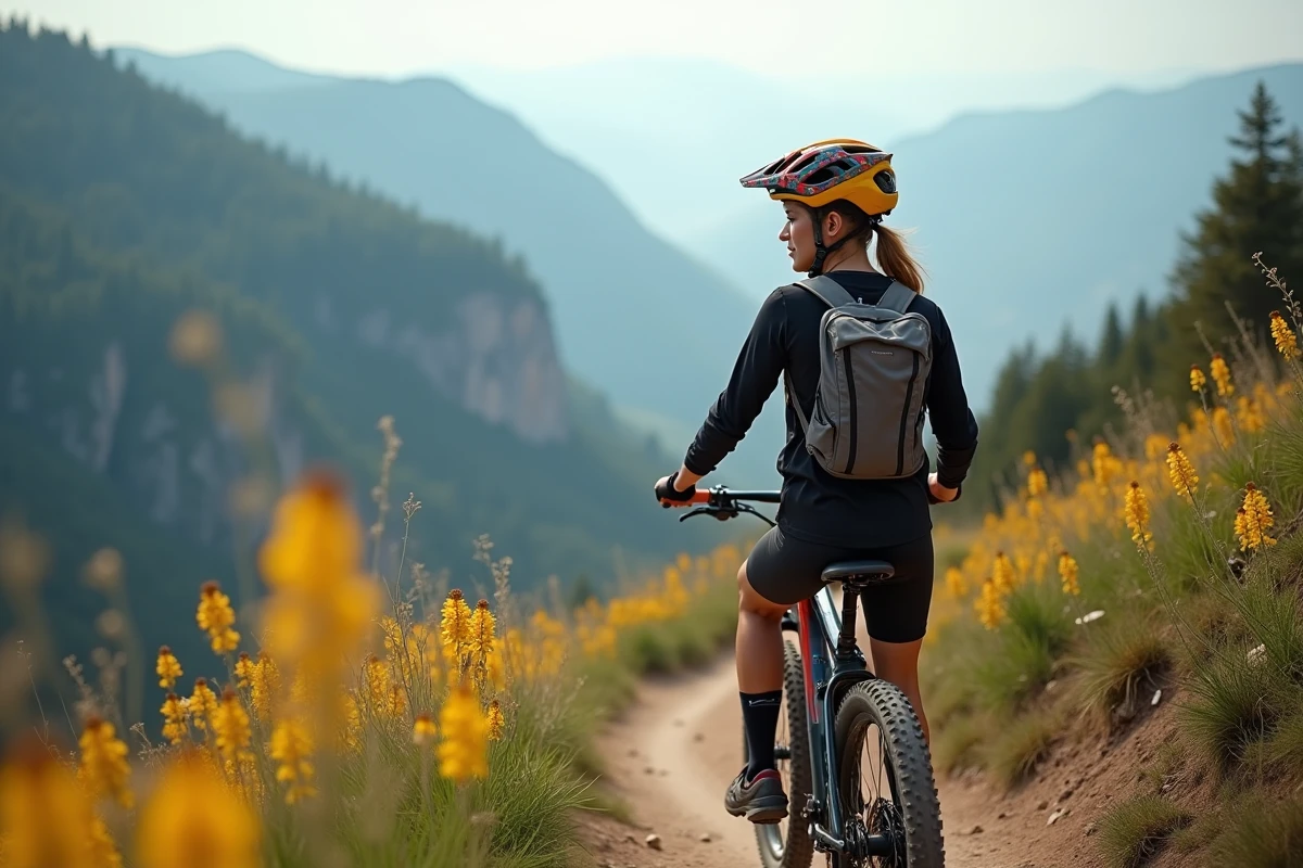 Jeune femme cycliste en pause sur un sentier escarpé en montagne