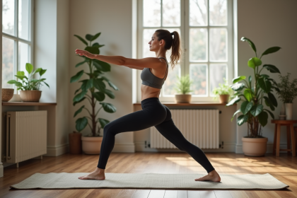 Femme en posture de yoga dans un studio paisible