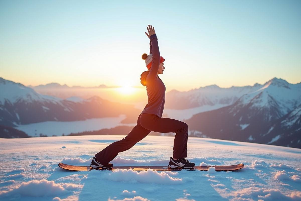 Femme pratiquant le yoga en ski sur un plateau enneigé au lever du soleil