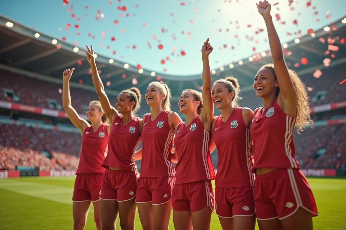 Femmes athlètes célébrant sur le stade avec confettis