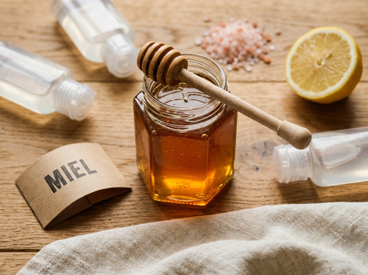 Composition flatlay avec un pot de miel brut, des gels sportifs et des ingrédients naturels sur une table en chêne