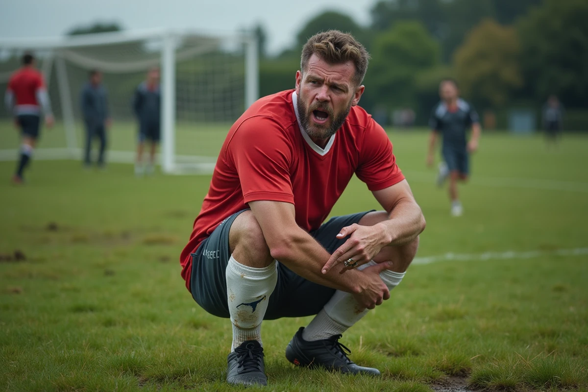 Joueur de football amateur se tenant le genou après une blessure lors d'un match du dimanche sur un terrain municipal