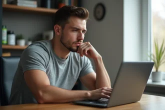 Jeune homme consultant un forum muscu sur les compléments alimentaires depuis son bureau à domicile