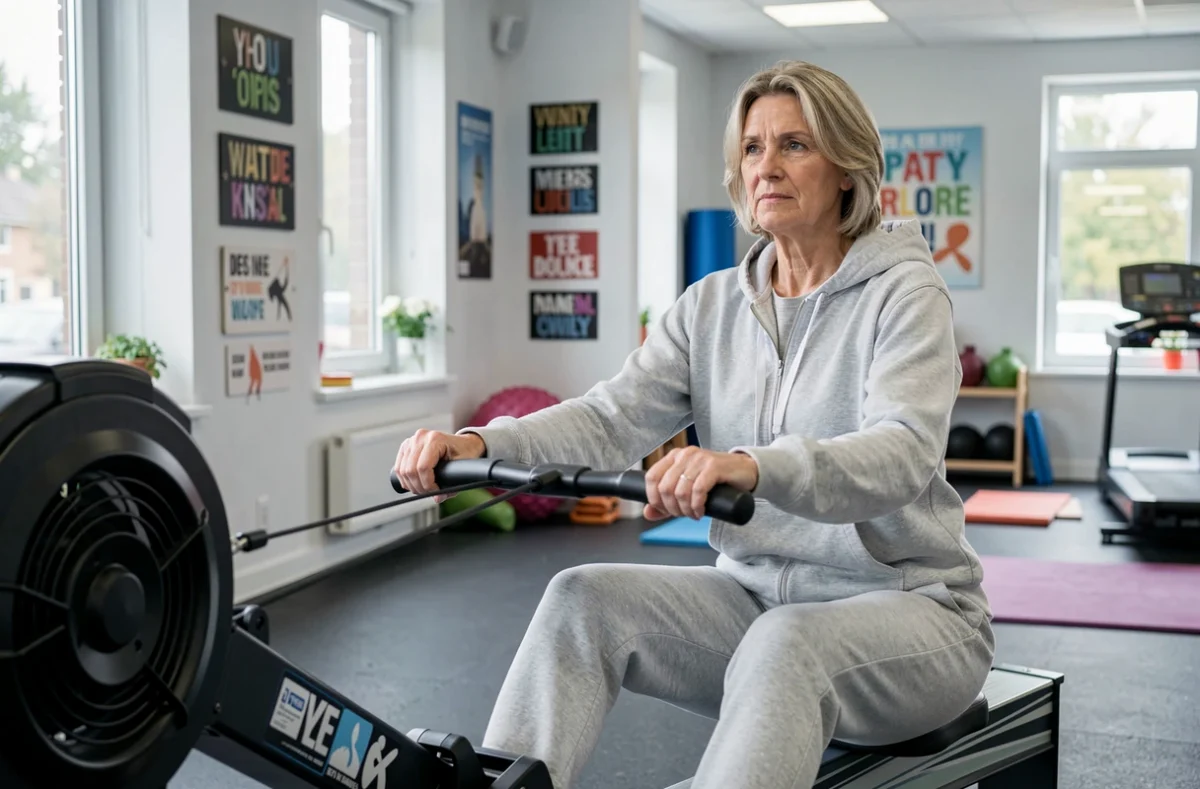 Freeness Yutz avec une femme utilisant un rameur dans une salle de fitness accessible et lumineuse