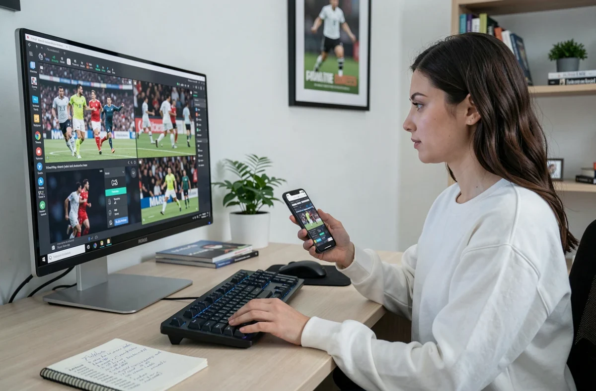 Femme gérant plusieurs matchs en direct sur ordinateur et smartphone depuis un bureau à domicile