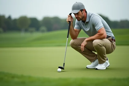 Golfeur accroupi sur un putting green lisant les pentes avant de putter