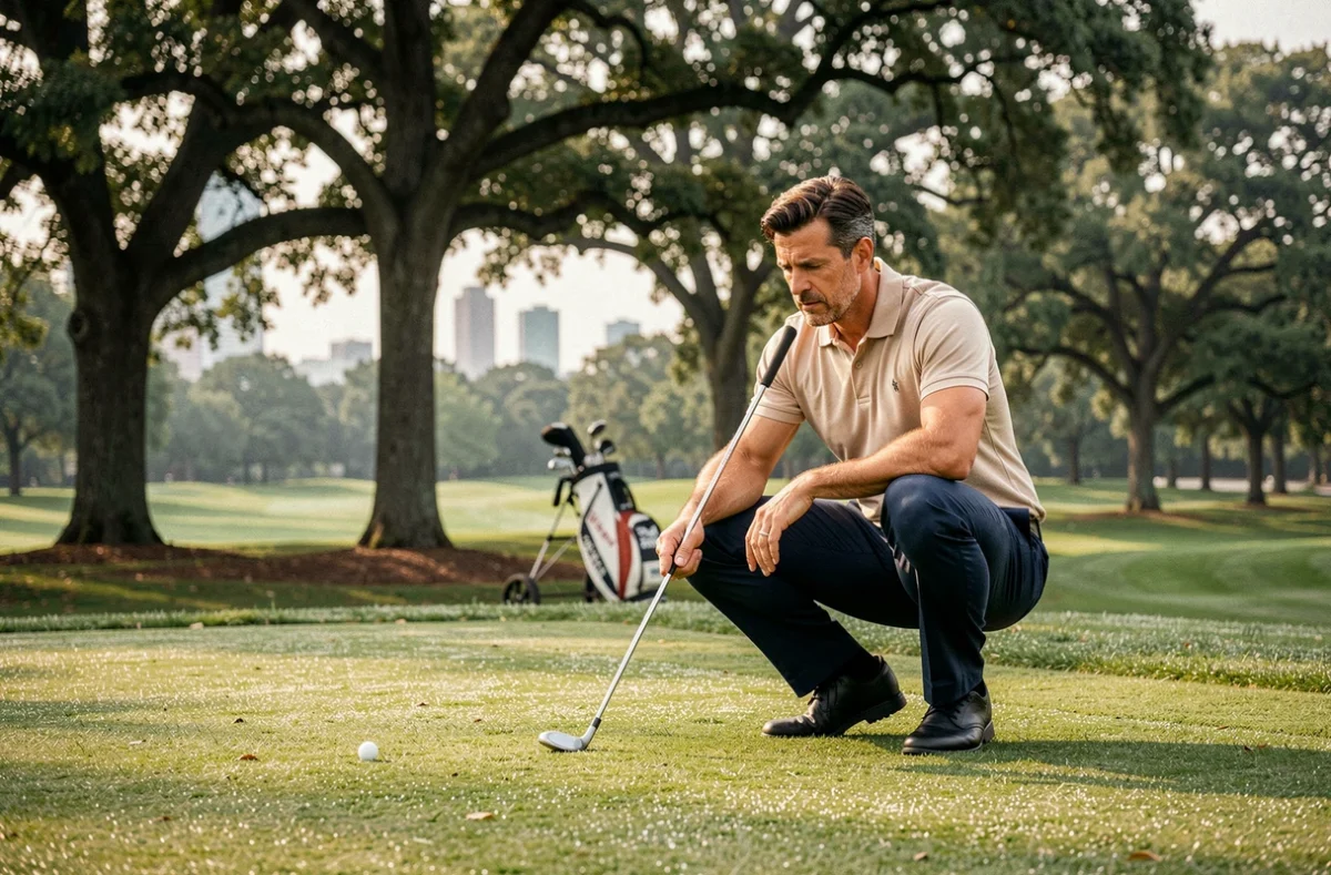 Golfeur s'apprêtant à putter sur un green d'un parcours de golf à 30 minutes de Paris, entouré d'arbres avec une skyline urbaine en arrière-plan
