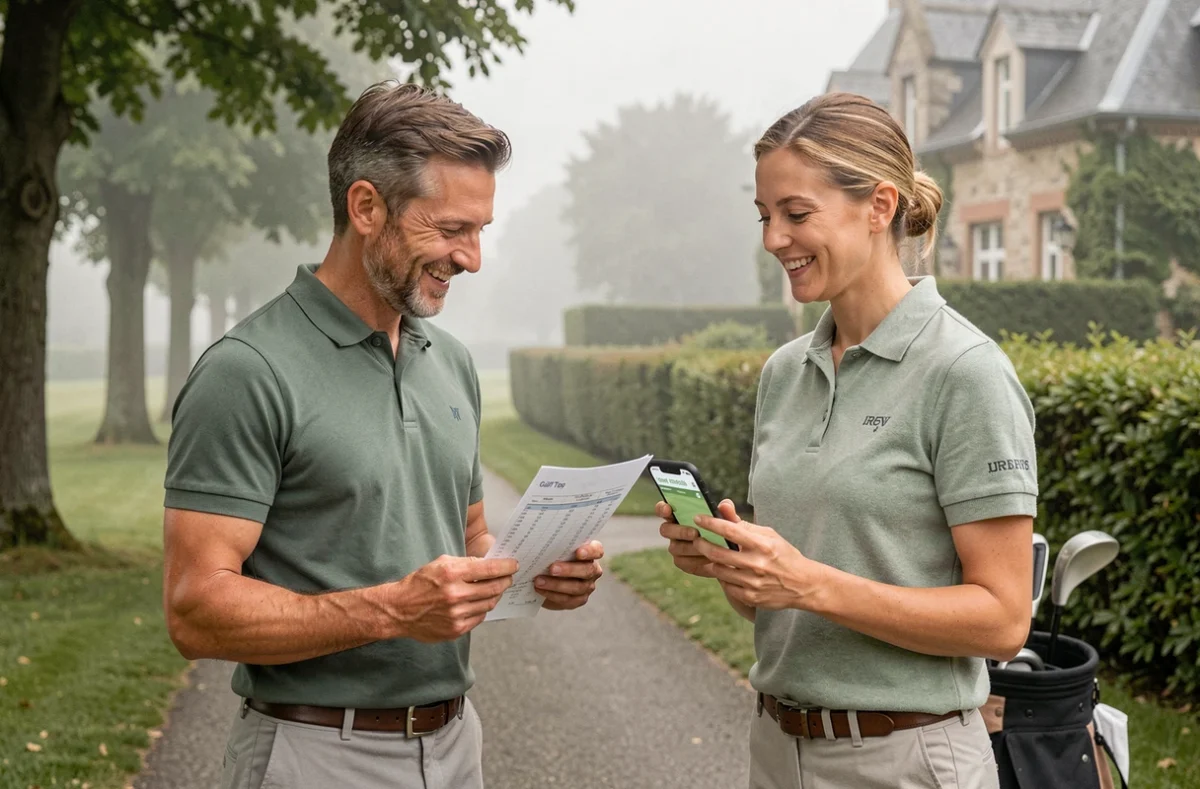 Deux golfeurs consultant des conseils de golf sur smartphone et scorecard près d'un parcours à proximité de Paris, ambiance conviviale et apprentissage