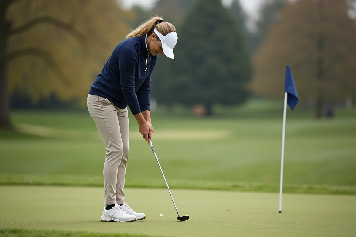 Golfeuse utilisant la méthode du plomb pour lire la pente du green