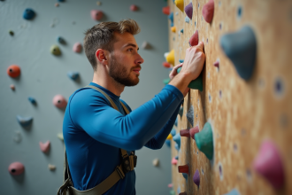 Homme grimpeur en salle testant une prise de main