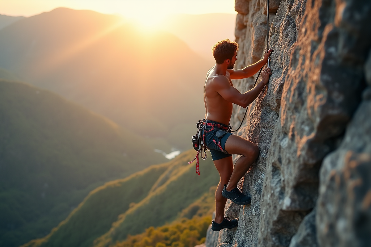 Jeune grimpeur en ascension sur une falaise en plein air avec équipement moderne