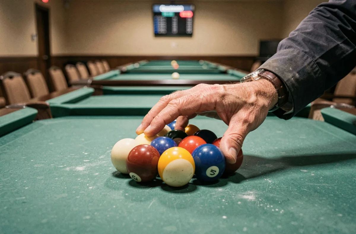 Gros plan sur les mains d'un joueur expérimenté disposant les boules dans le triangle au billard
