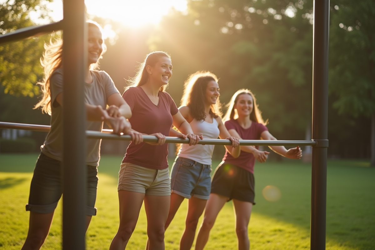 Amis faisant de la calisthenie dans un parc en matinée