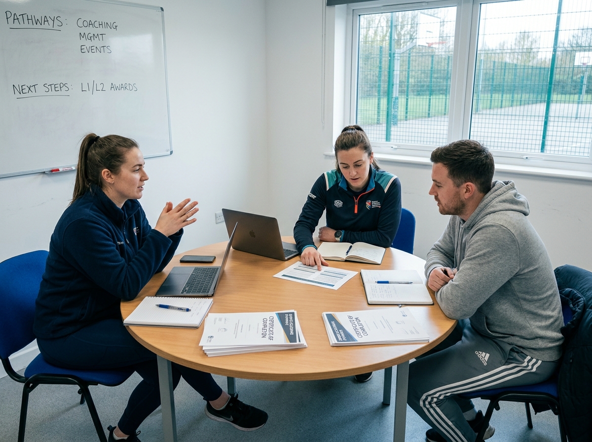 Groupe de bénévoles sportifs en réunion de formation autour d'une table pour se professionnaliser et accéder au statut de salarié du sport