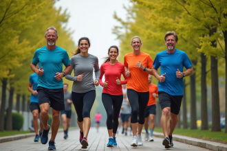 Groupe de coureurs dans un parc urbain en pleine course