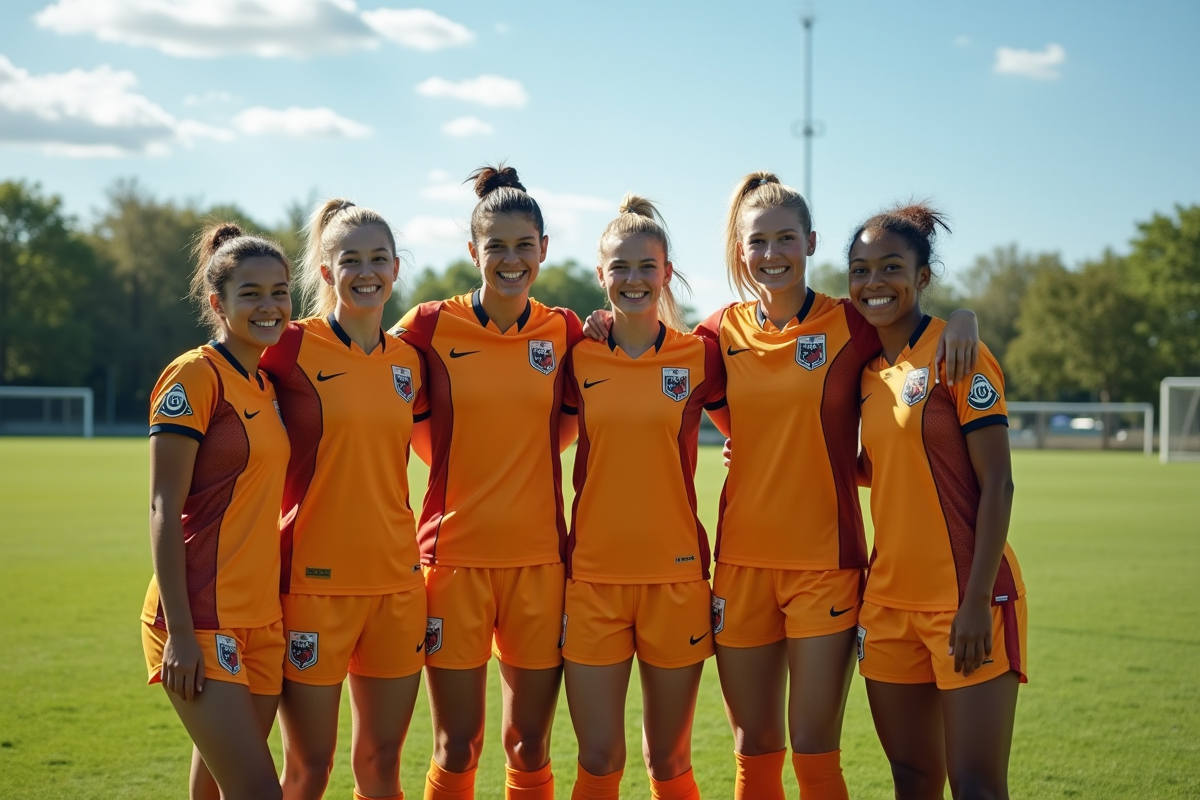 Groupe de jeunes adultes en tenue de football en pause sur terrain vert
