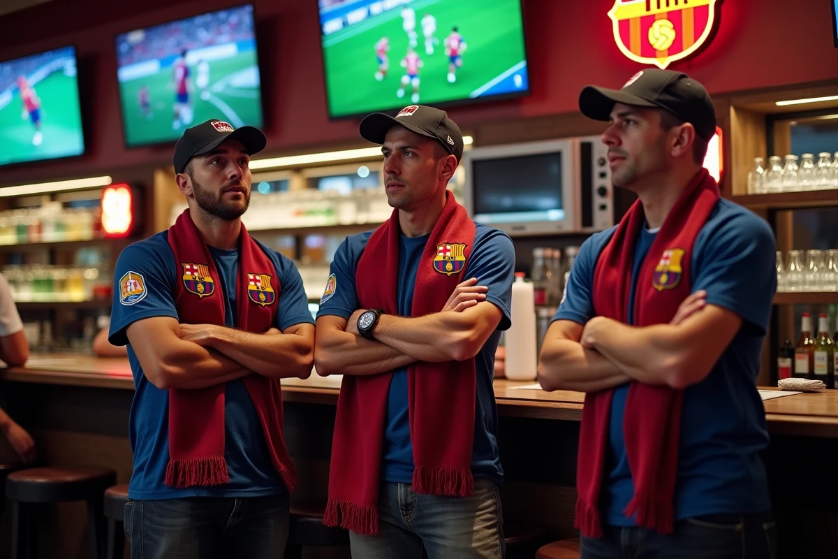Groupe de fans du FC Barcelone qui débattent de la composition de l'équipe dans un bar sportif
