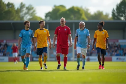 Groupe multigenerations de joueurs de football sur un terrain en Essonne