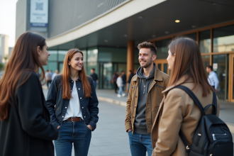 Groupe de jeunes adultes discutant devant un centre moderne