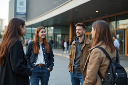 Groupe de jeunes adultes discutant devant un centre moderne