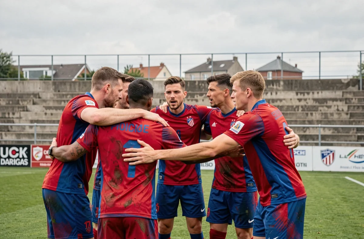 Groupe de joueurs du FC Versailles 78 en cercle tactique sur le terrain avant un choc de championnat