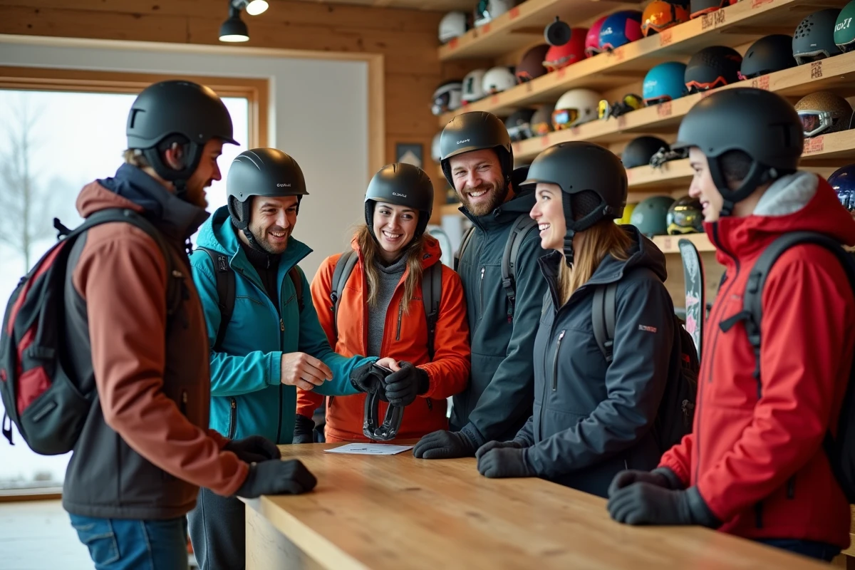 Groupe d'adultes comparant du matériel de ski loué dans un magasin de location en station