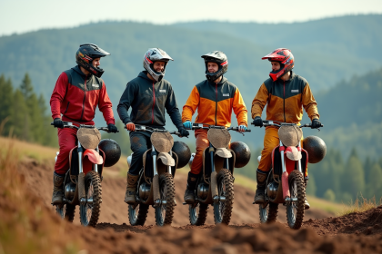 Groupe de motards en pleine nature lors d'une pause sur un terrain boueux