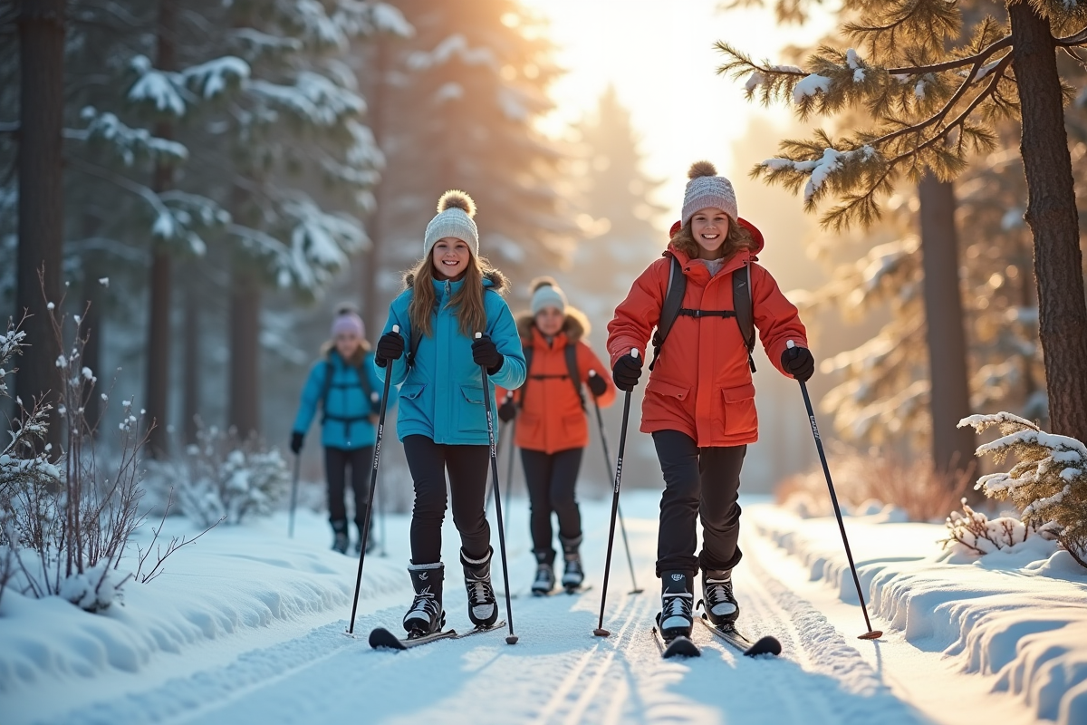 Groupe d'amis en ski de fond dans une forêt enneigée avec soleil