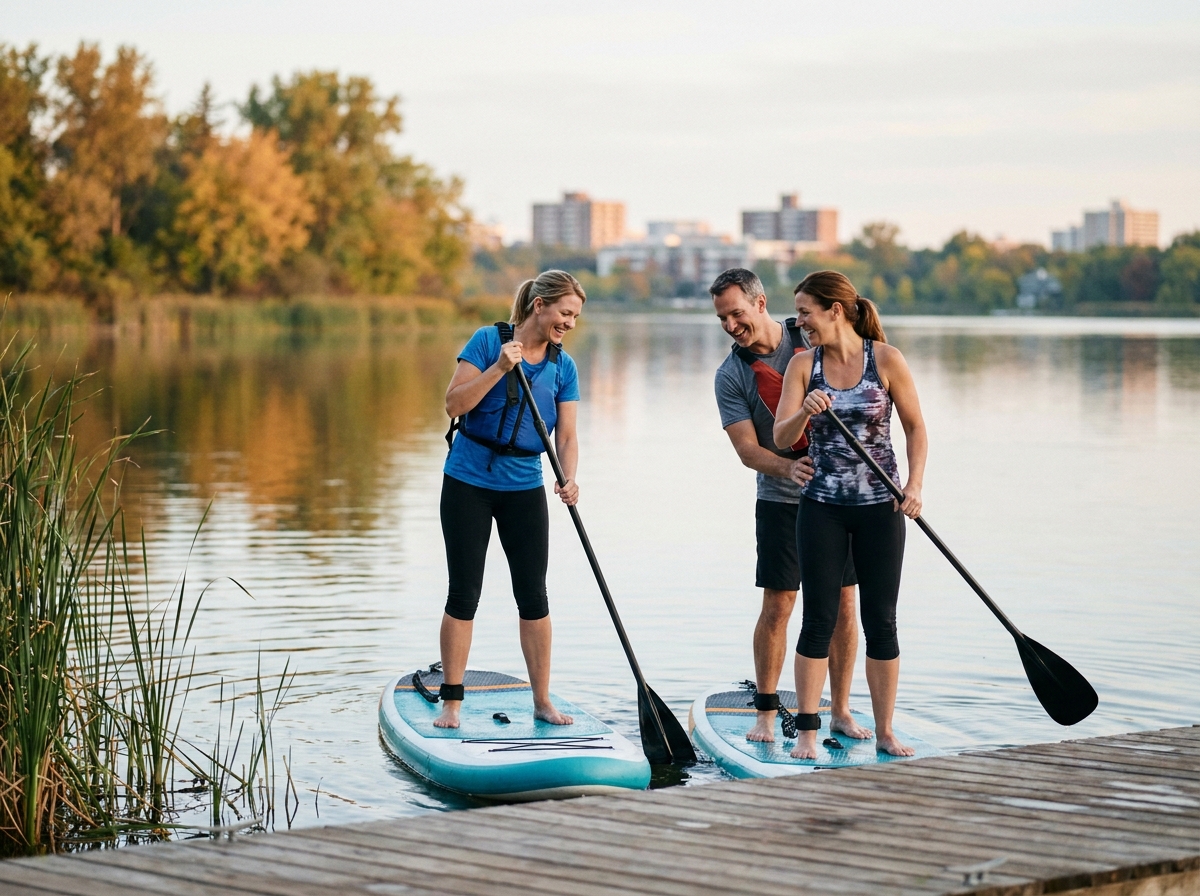 Groupe d'adultes pratiquant le yoga sur paddle en lac urbain calme en automne, expressions complices et décontractées, nouveau sport aquatique