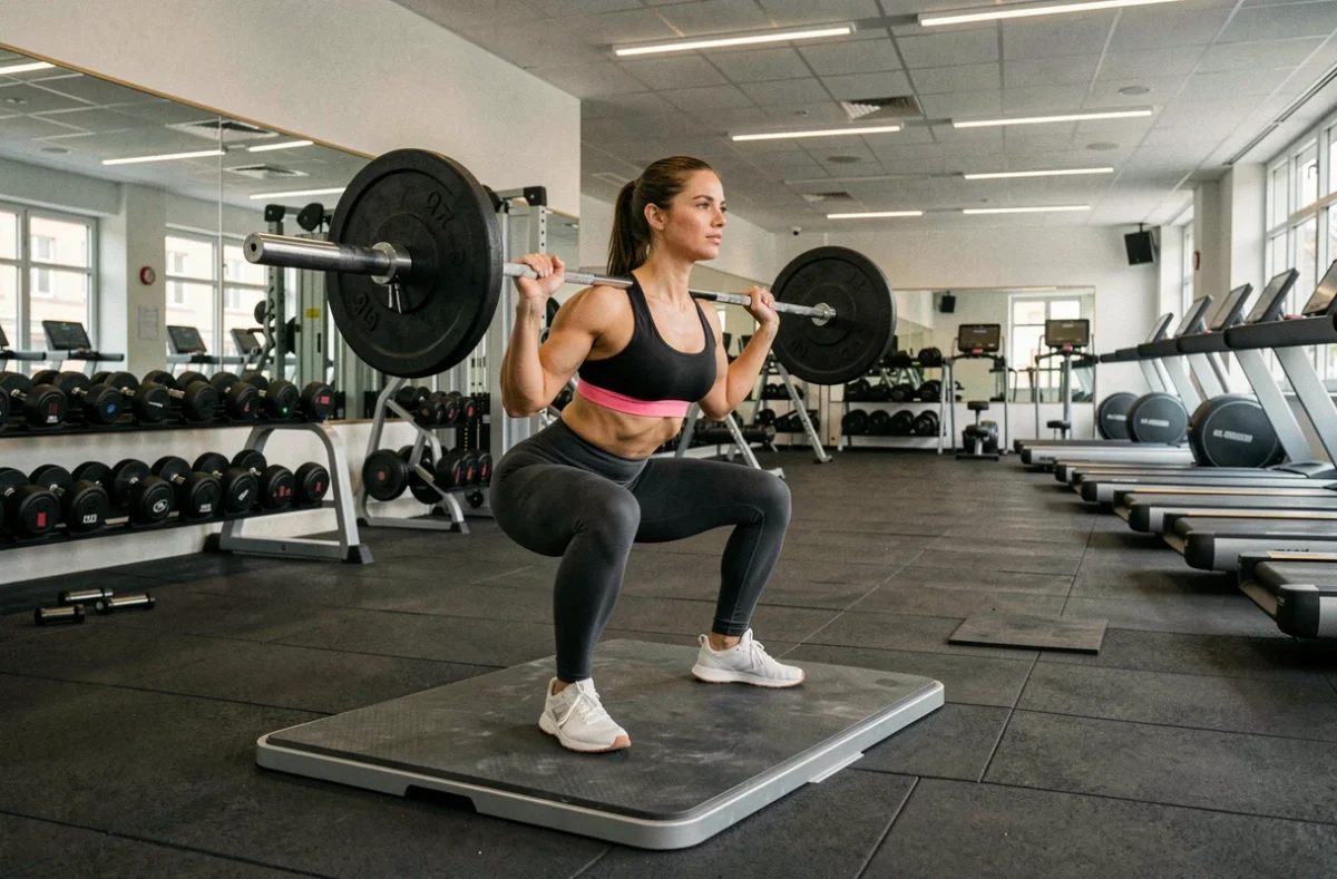GYM FIT Strasbourg avec une femme effectuant un squat avec barre dans une salle équipée de plateformes de levage