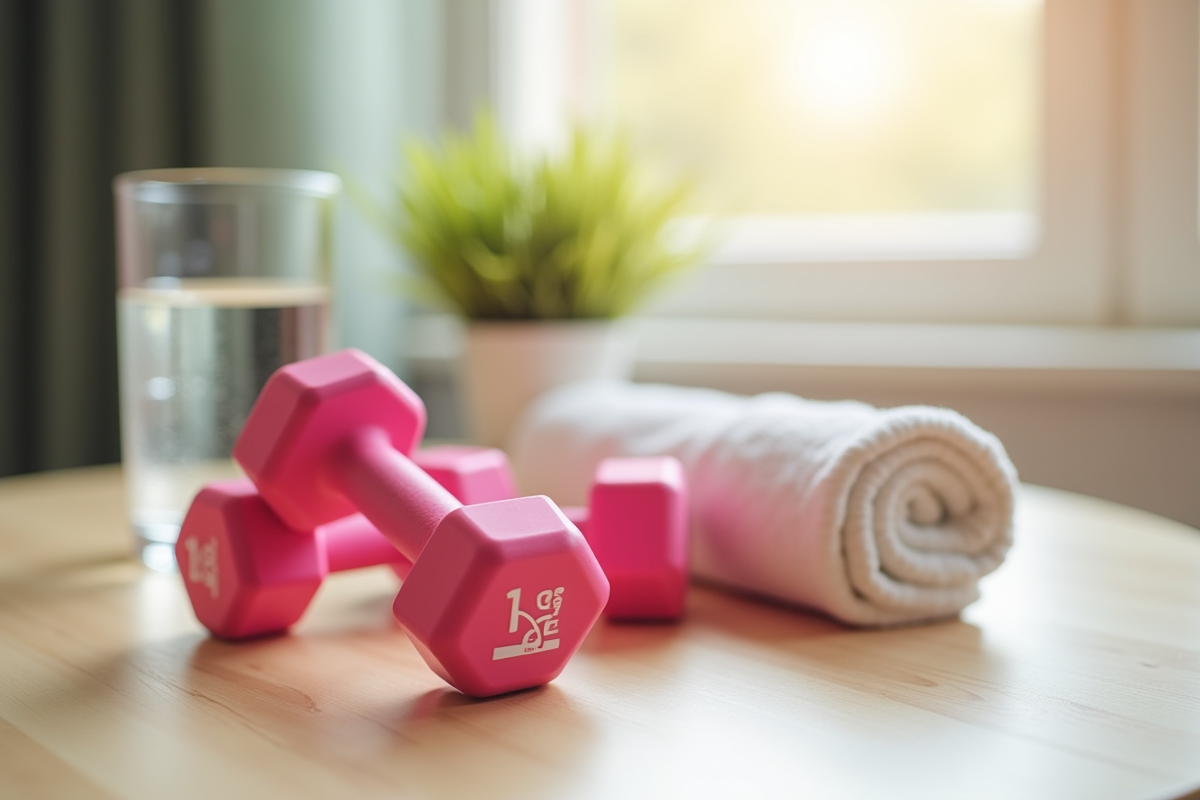 Paire d'haltères roses de 1 kg sur une table en bois clair