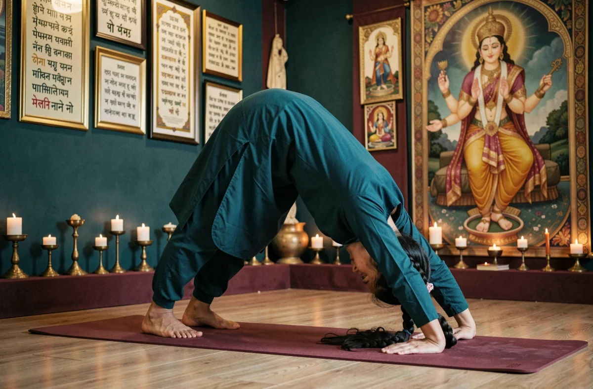 Femme en posture du chien tête en bas sur tapis bordeaux au studio Hatha Yoga Sarasvatcé, avec calligraphies sanscrites encadrées