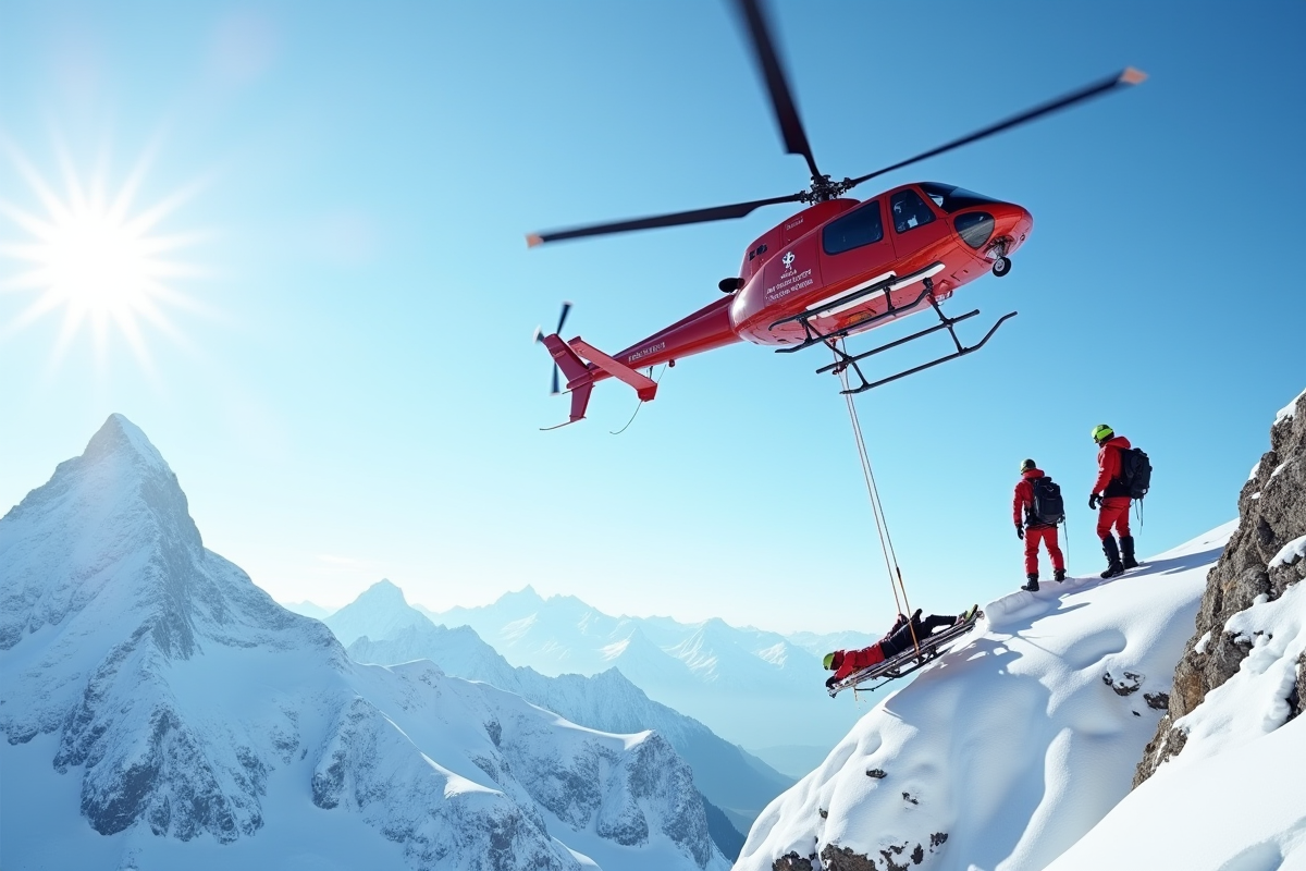Hélicoptère de secours en montagne survolant une crête enneigée avec un sauveteur hissant un grimpeur