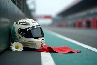 Casque de Formule 1 posé sur le muret des stands entouré de fleurs blanches en hommage à un pilote disparu
