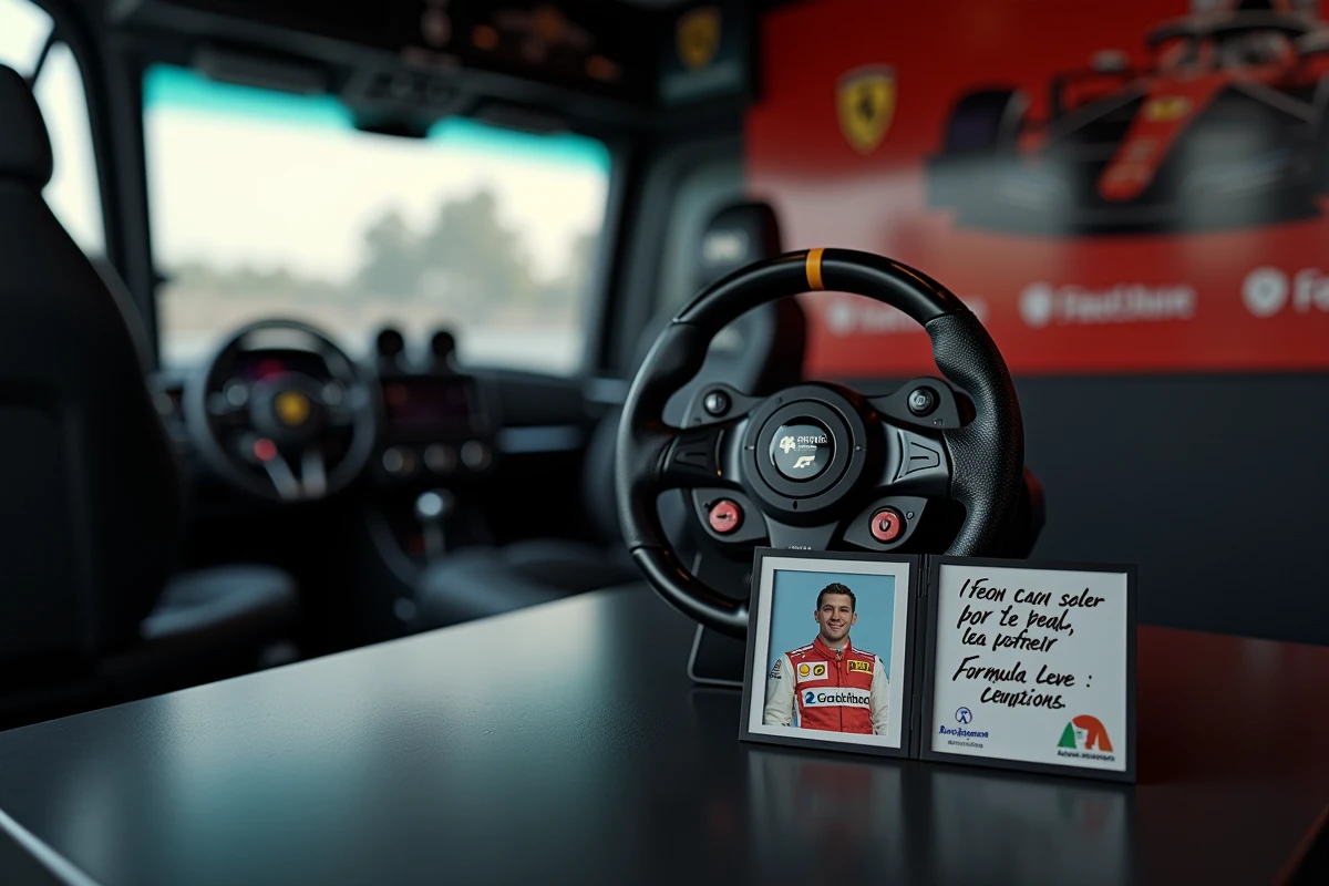 Volant de Formule 1 exposé dans le motorhome d'une équipe avec un message d'hommage manuscrit et une photo encadrée