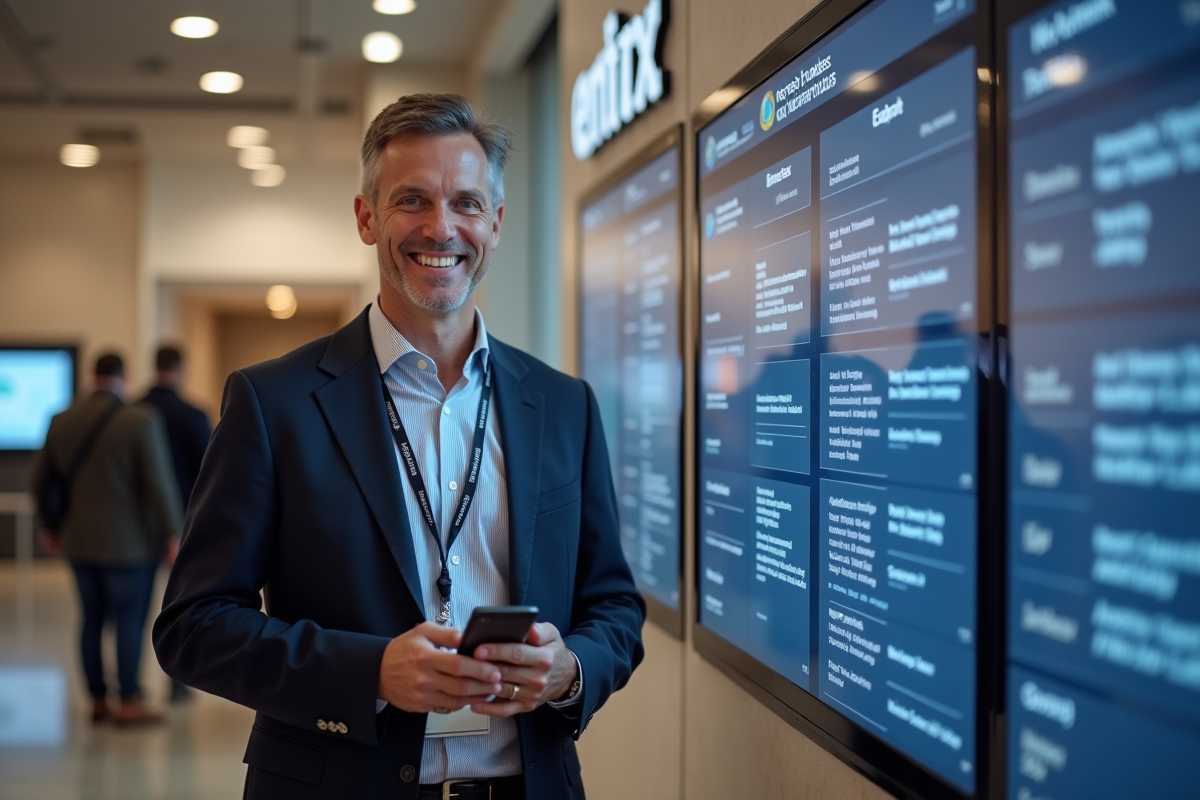 Homme d affaires souriant devant un tableau d emploi du temps