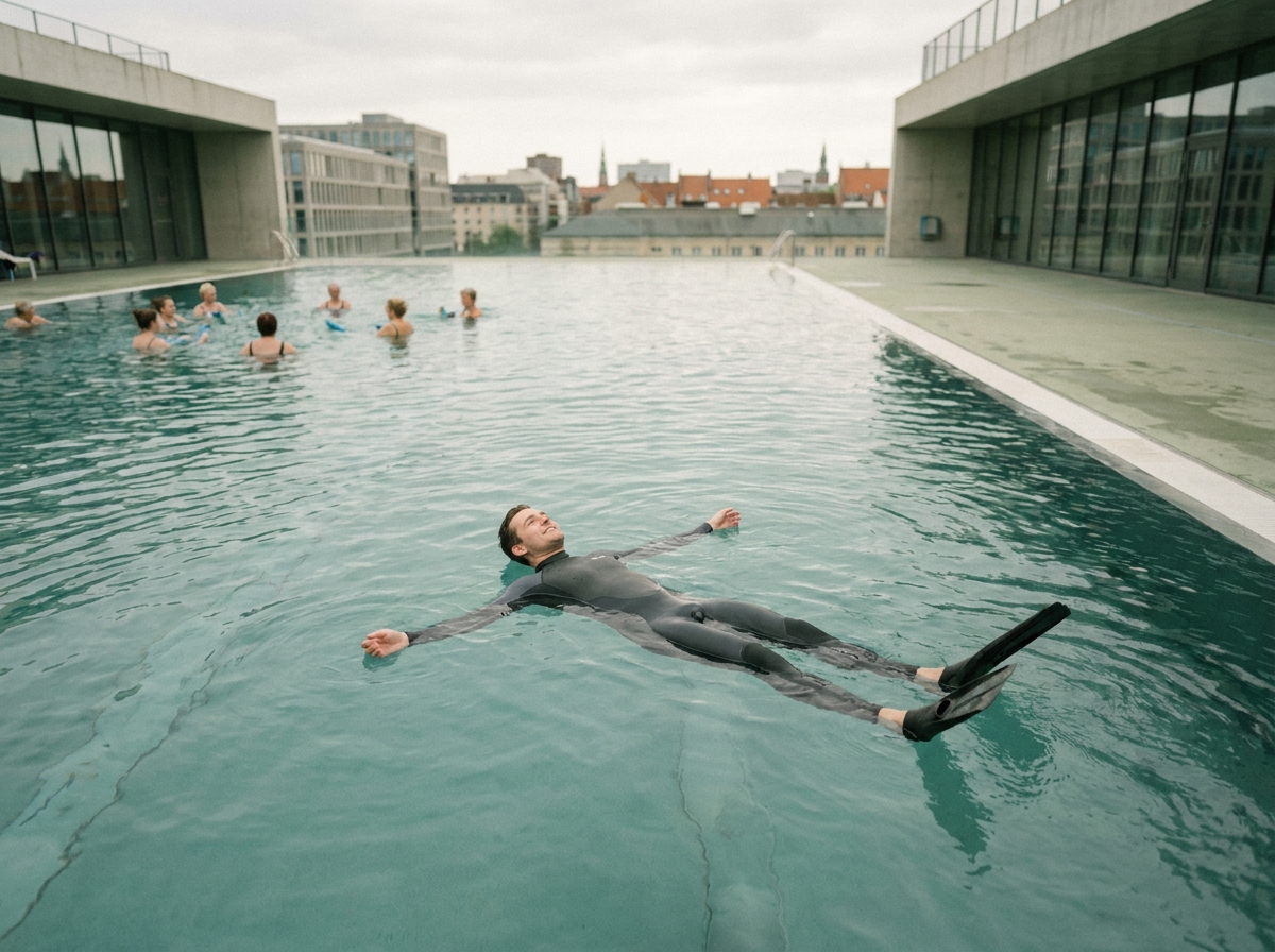 Homme en combinaison de plongée participant à un cours d'aquafitness en piscine extérieure urbaine, posture détendue, architecture moderne en arrière-plan