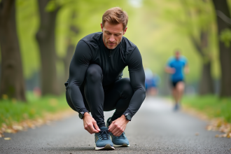Homme d'âge moyen en tenue de course dans un parc urbain