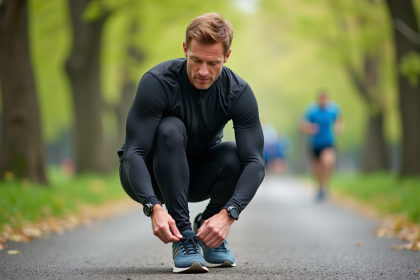 Homme d'âge moyen en tenue de course dans un parc urbain