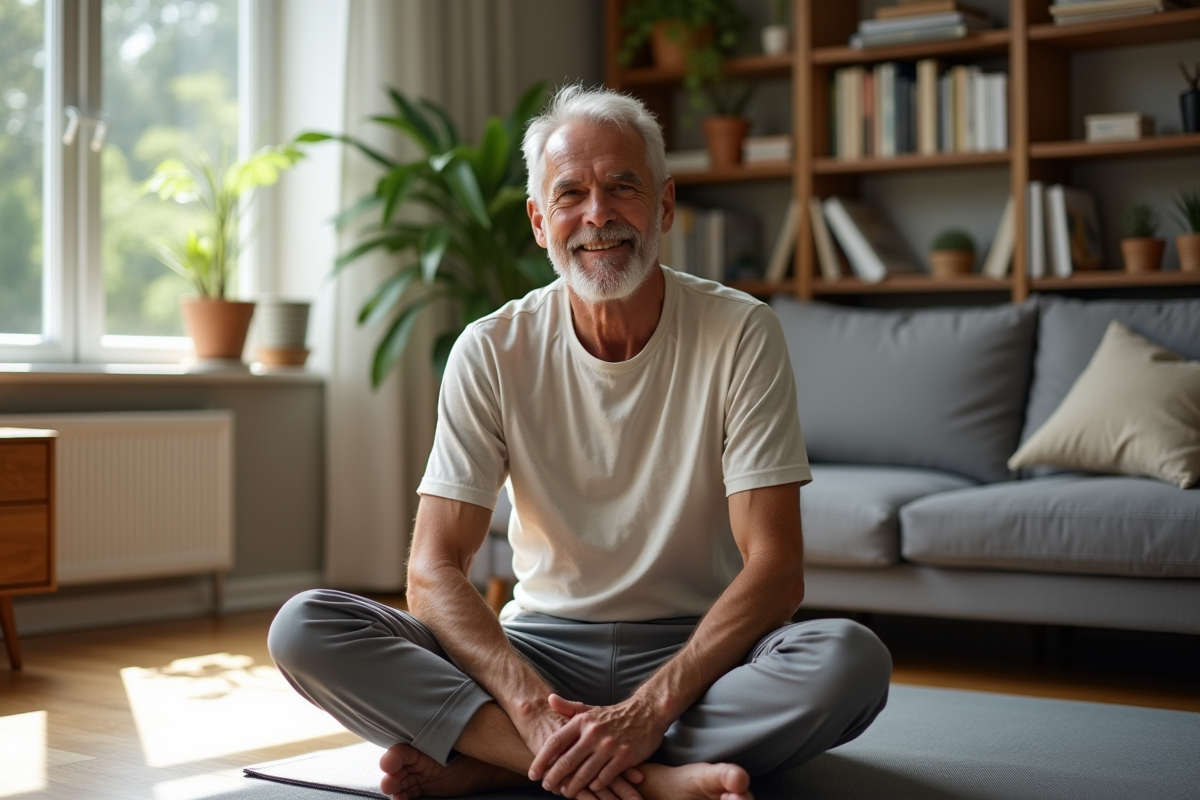 Homme de 60 ans assis sur un tapis dans un salon lumineux