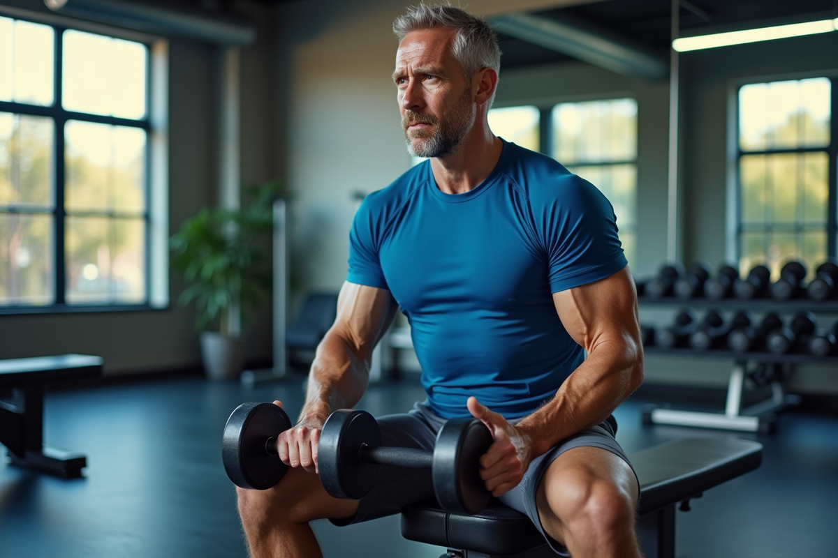 Homme entraîné comptant ses répétitions dans une salle de sport lumineuse