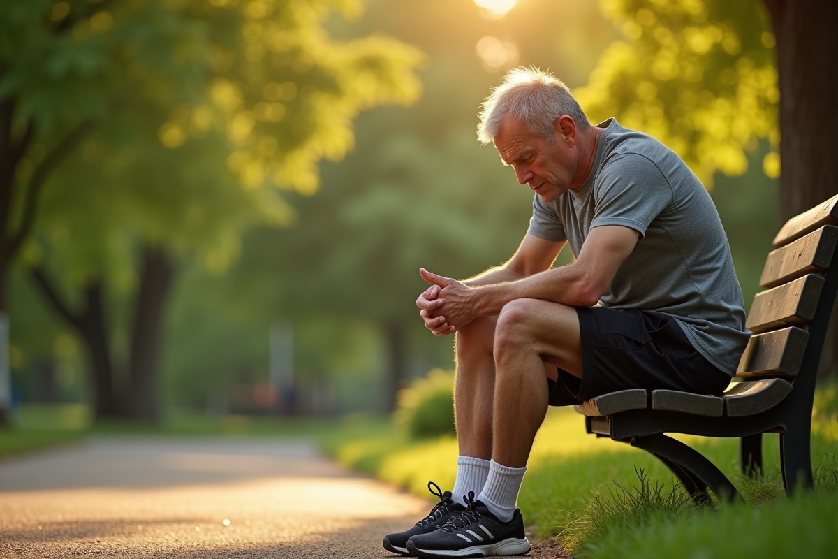 Homme fatigué assis sur un banc dans un parc après jogging