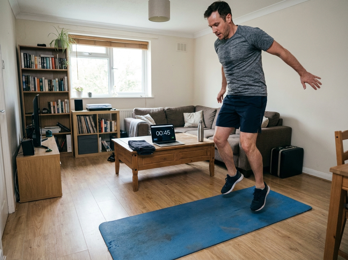 Homme réalisant des burpees HIIT dans son salon après une journée de travail
