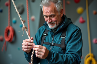 Homme inspectant une corde d'escalade us&eacute;e en salle d'escalade